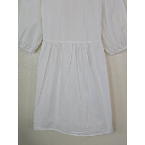 WAYF White Mini Dress Womens Size Small Puff Sleeves Open Tie Back Cotton POCKET - Picture 6 of 13